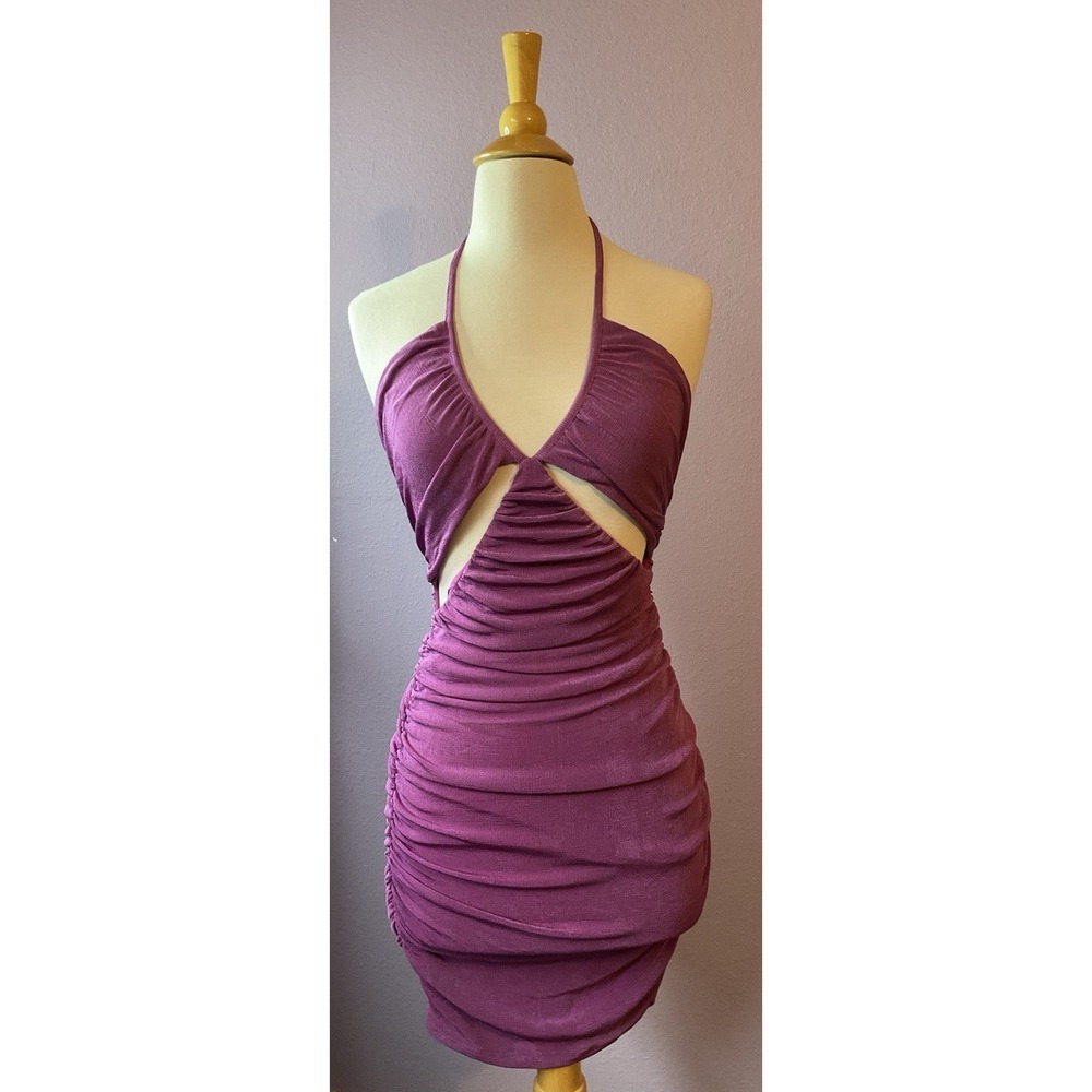 Edit by Nine Purple Ruched Bodycon Cutouts Halter Tie Dress Small NEW